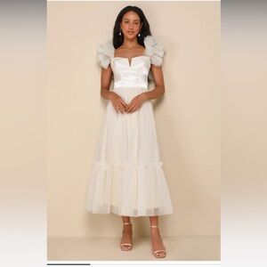 Angelic Radiance Cream Tulle Ruffled Off-the-Shoulder Midi Dress LuLus BRIDAL